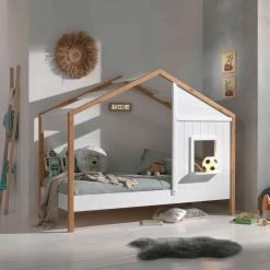 Lit Cabane Enfant En Bois Blanc Et Hêtre 90x200 Cm - LT2052