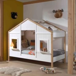 Lit Cabane Enfant En Bois Blanc Et Hêtre 90x200 Cm - LT2051