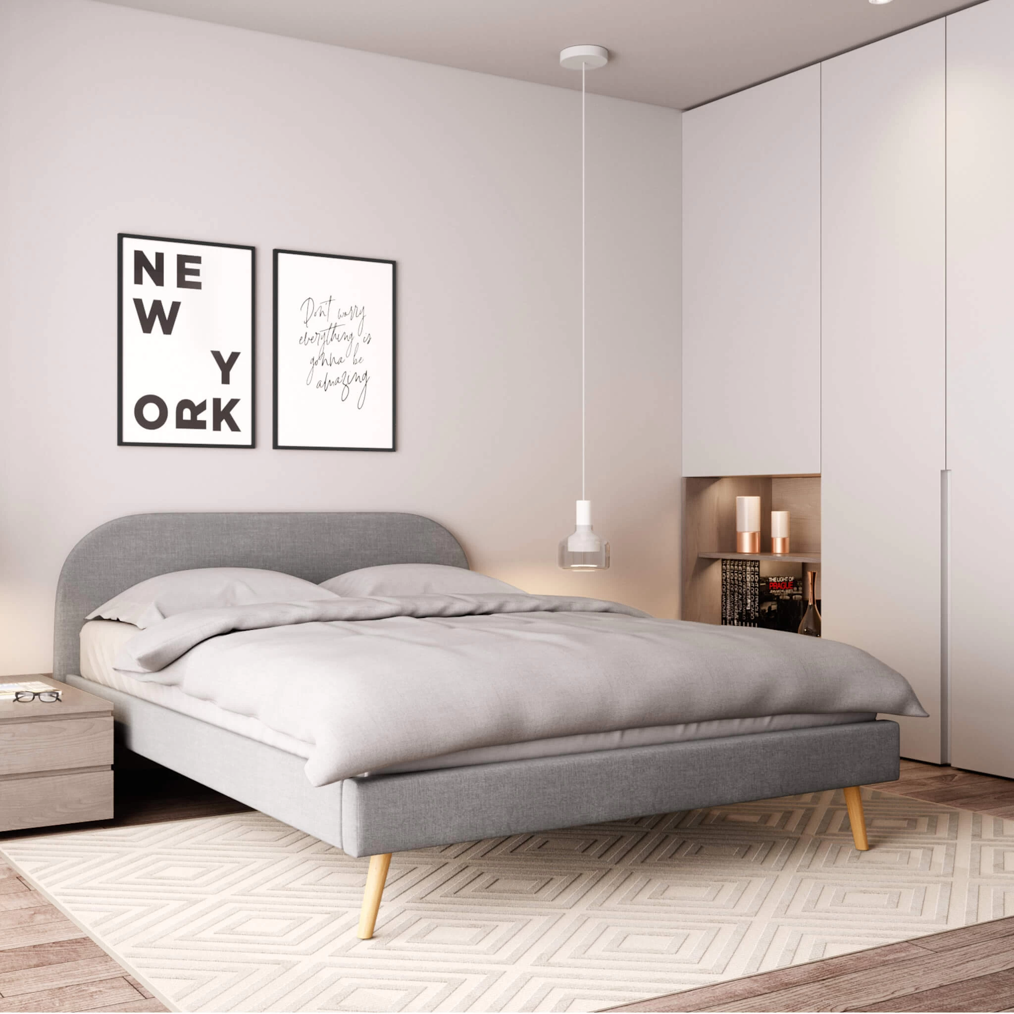 Lit En Bois Avec TĂȘte De Lit Arrondie Tissu Gris Clair - LT17023 â Image 2