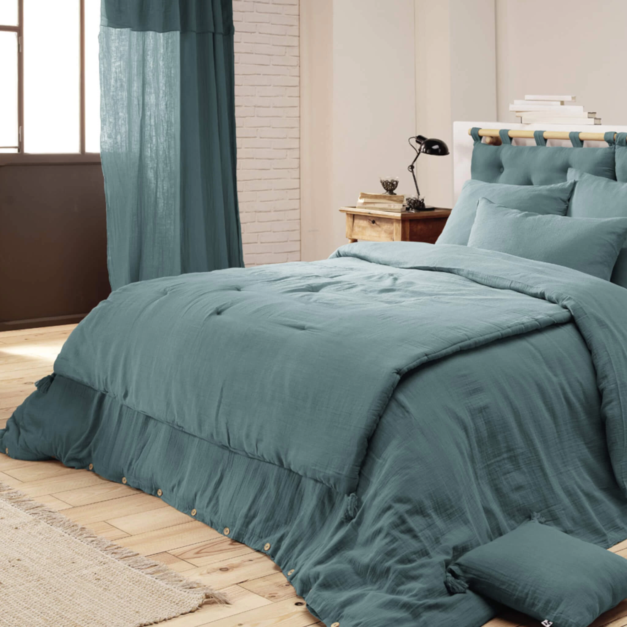 Couvre-lit Double Gaze De Coton Bleu Canard â Image 2