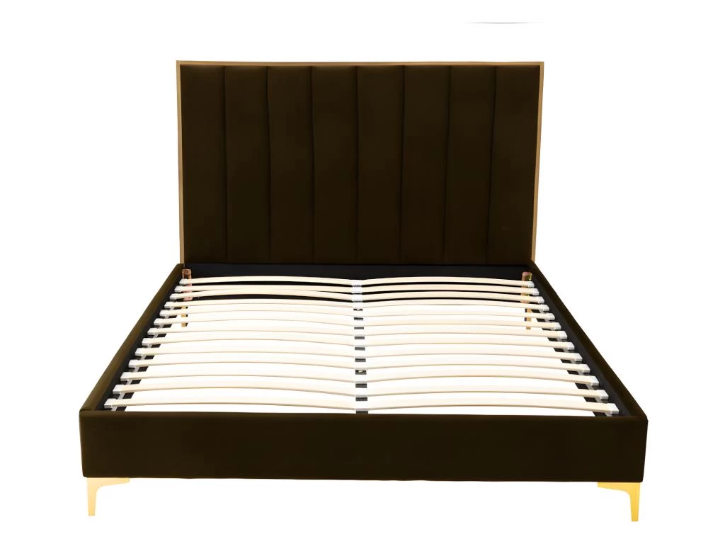 Lit CLARISSE Avec Tête De Lit Coutures Verticales - 160 X 200 Cm - Velours - Marron Et Doré – Image 5