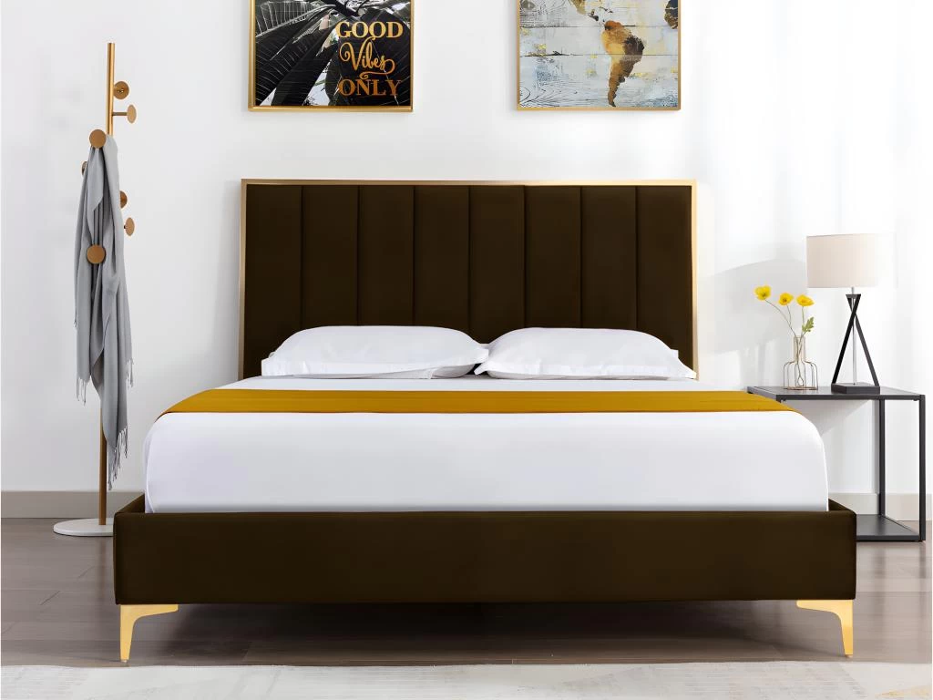 Lit CLARISSE Avec Tête De Lit Coutures Verticales - 160 X 200 Cm - Velours - Marron Et Doré – Image 4