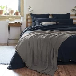 Plaid Gaze De Coton à Franges Gris Anthracite