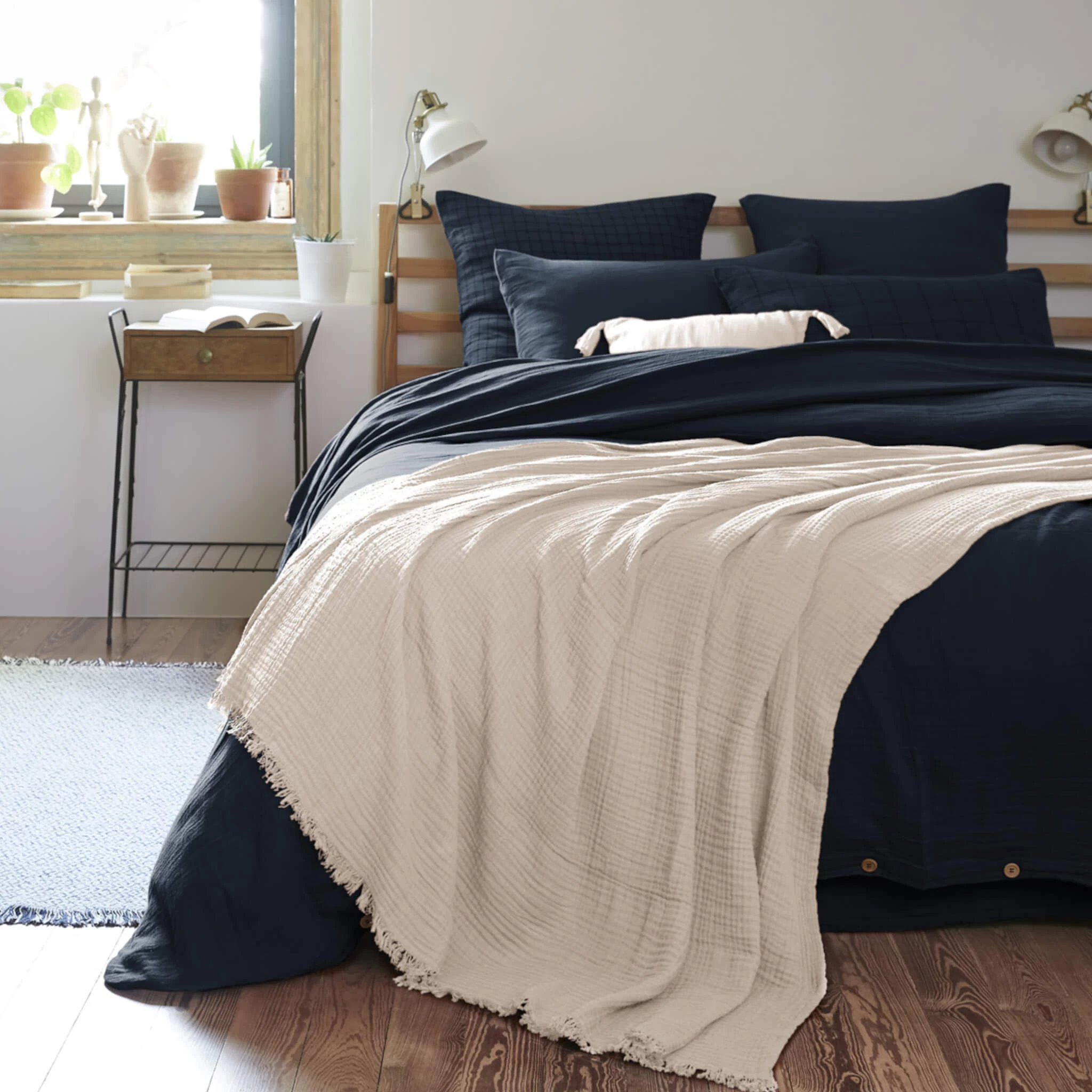 Plaid Gaze De Coton Ă Franges Beige