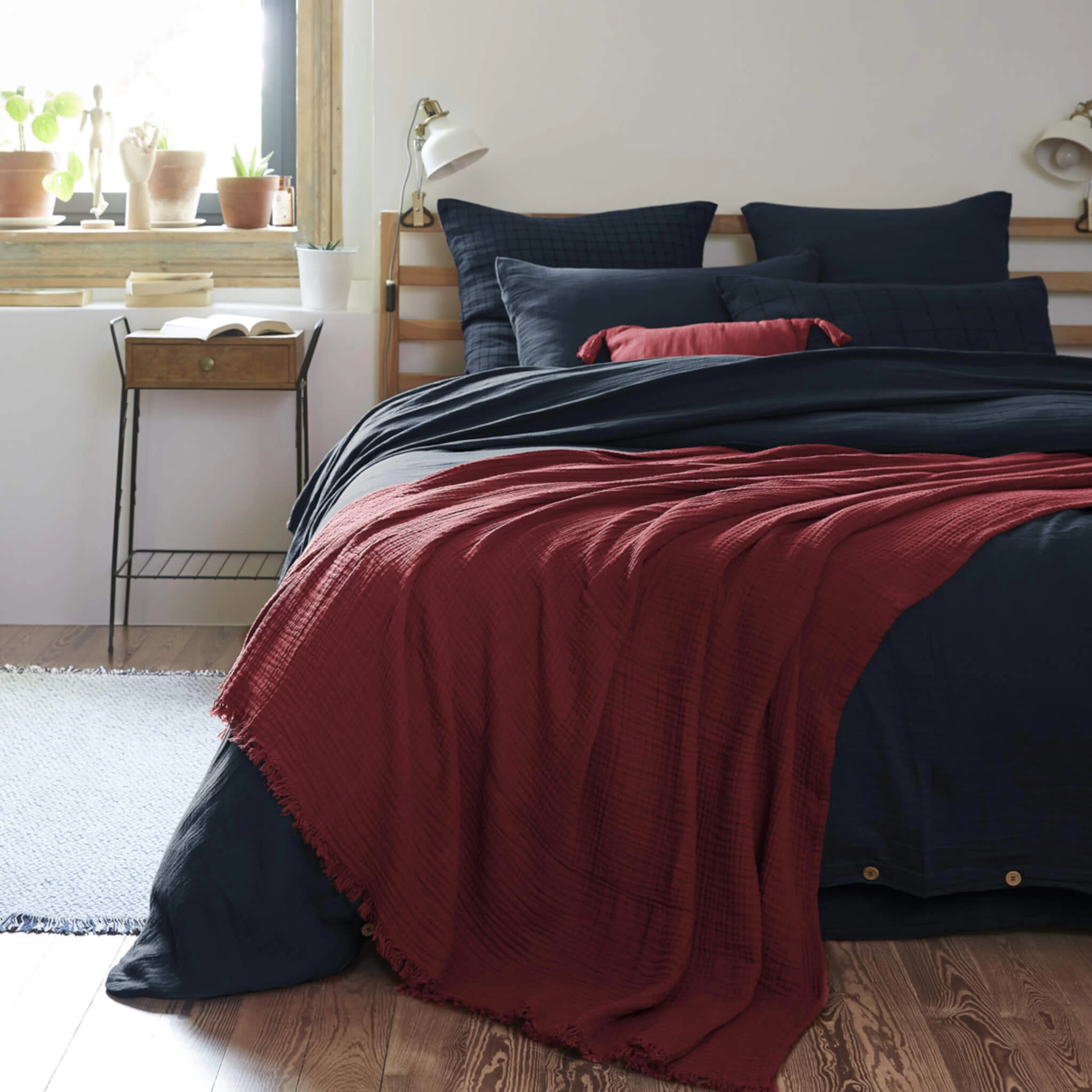 Plaid Gaze De Coton Ă Franges Bordeaux