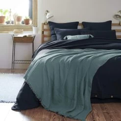 Plaid Gaze De Coton à Franges Bleu Canard