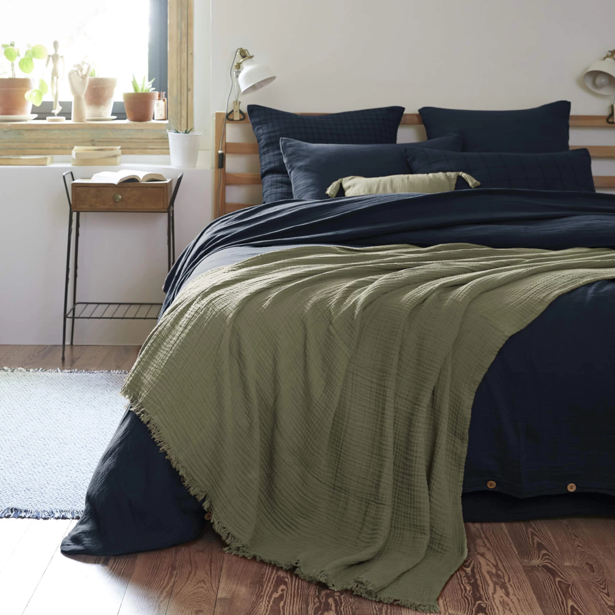 Plaid Gaze De Coton Ă Franges Kaki