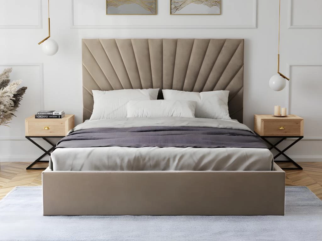 Lit Coffre 140 X 190 Cm - Velours - Beige + Matelas - RILIODA – Image 4