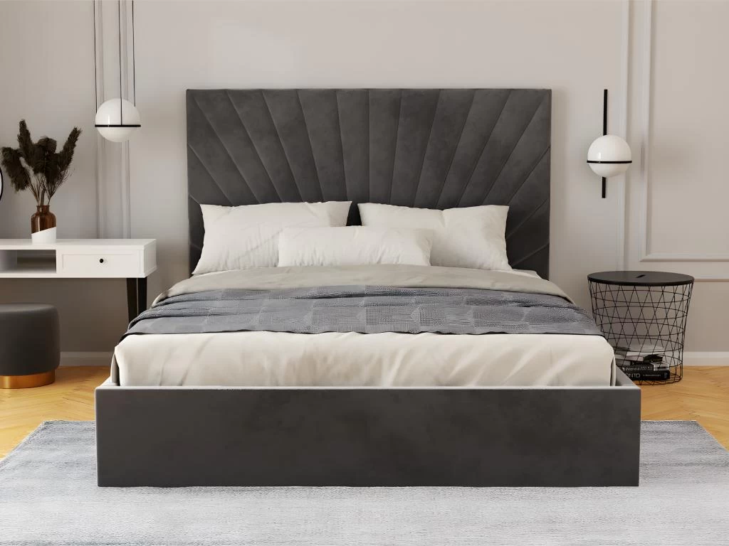 Lit Coffre 140 X 190 Cm - Velours - Gris + Matelas - RILIODA – Image 4