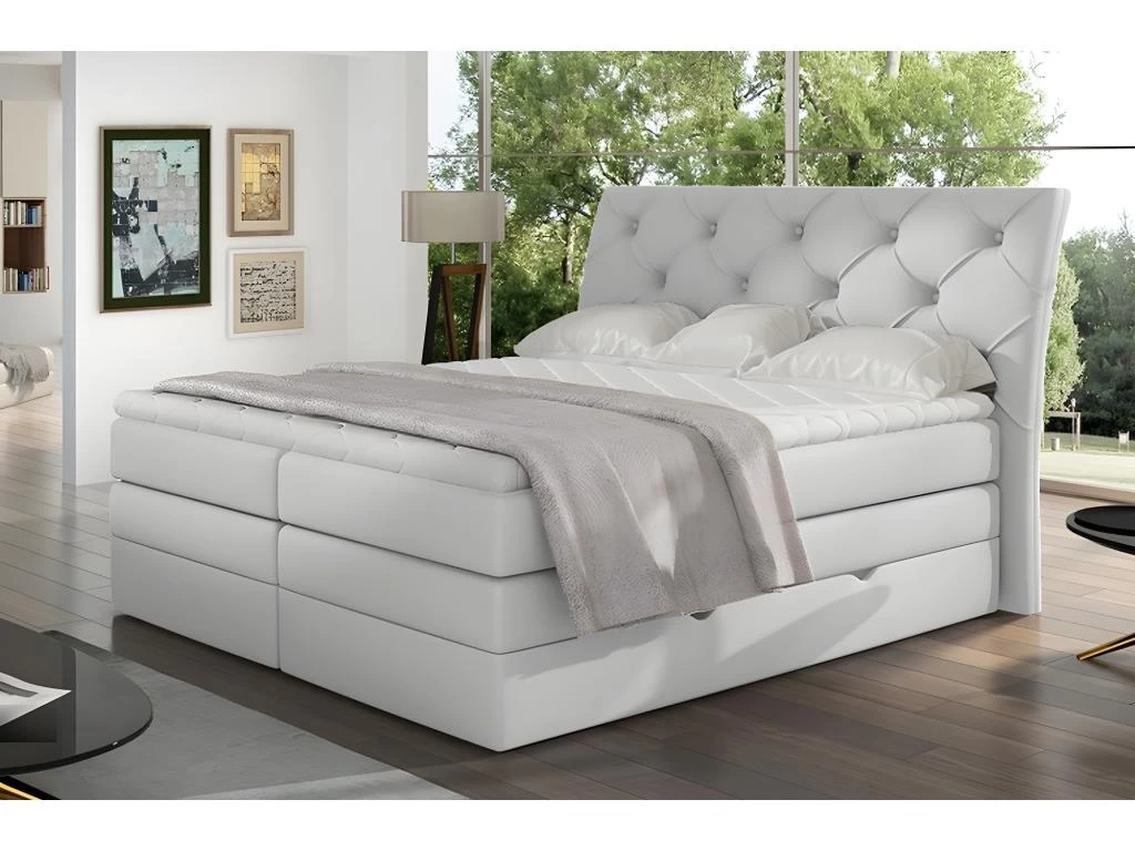 Ensemble Boxspring Complet TĂȘte De Lit + Sommiers + Matelas + Surmatelas MIRO En Simili Blanc - 160x200 Cm
