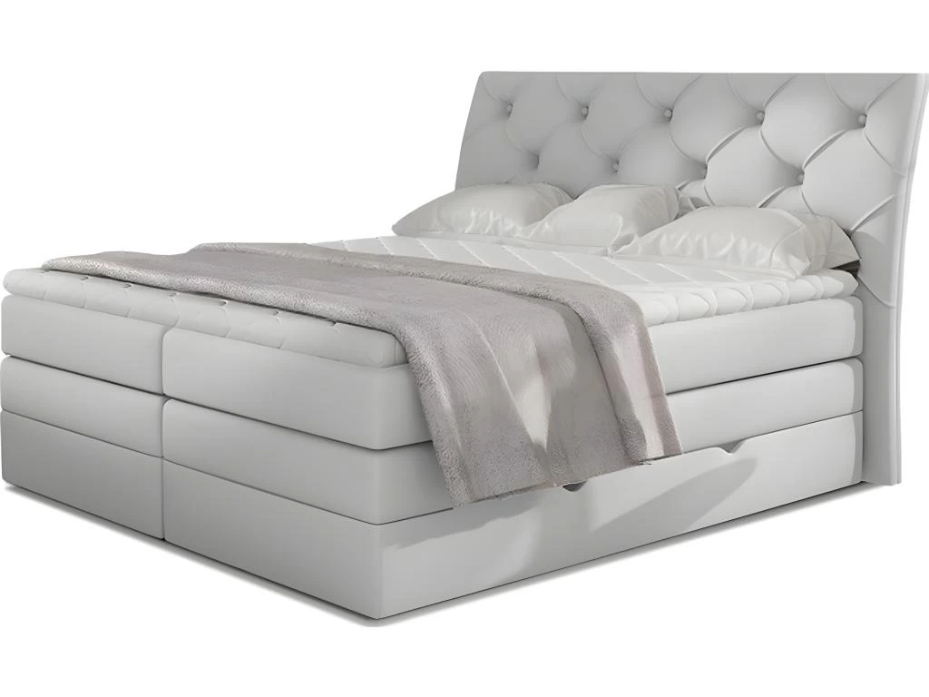 Ensemble Boxspring Complet TĂȘte De Lit + Sommiers + Matelas + Surmatelas MIRO En Simili Blanc - 160x200 Cm â Image 2