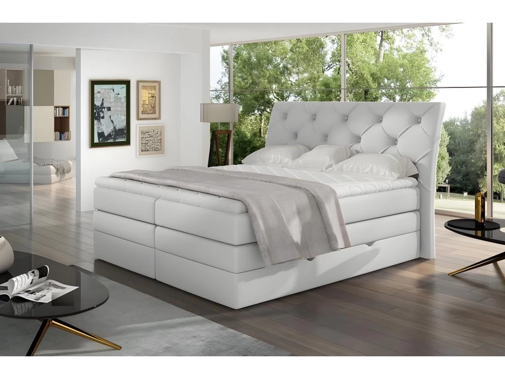 Ensemble Boxspring Complet TĂȘte De Lit + Sommiers + Matelas + Surmatelas MIRO En Simili Blanc - 160x200 Cm â Image 8