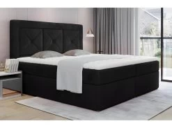 Ensemble Boxspring Complet Tête De Lit + Sommiers + Matelas + Surmatelas IDYLLE - Velours Luxe Noir - 140x200 Cm