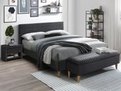 Lit 140 X 190 Cm Avec Tête De Lit Avec Coutures - Velours - Gris + Matelas - DANIELE