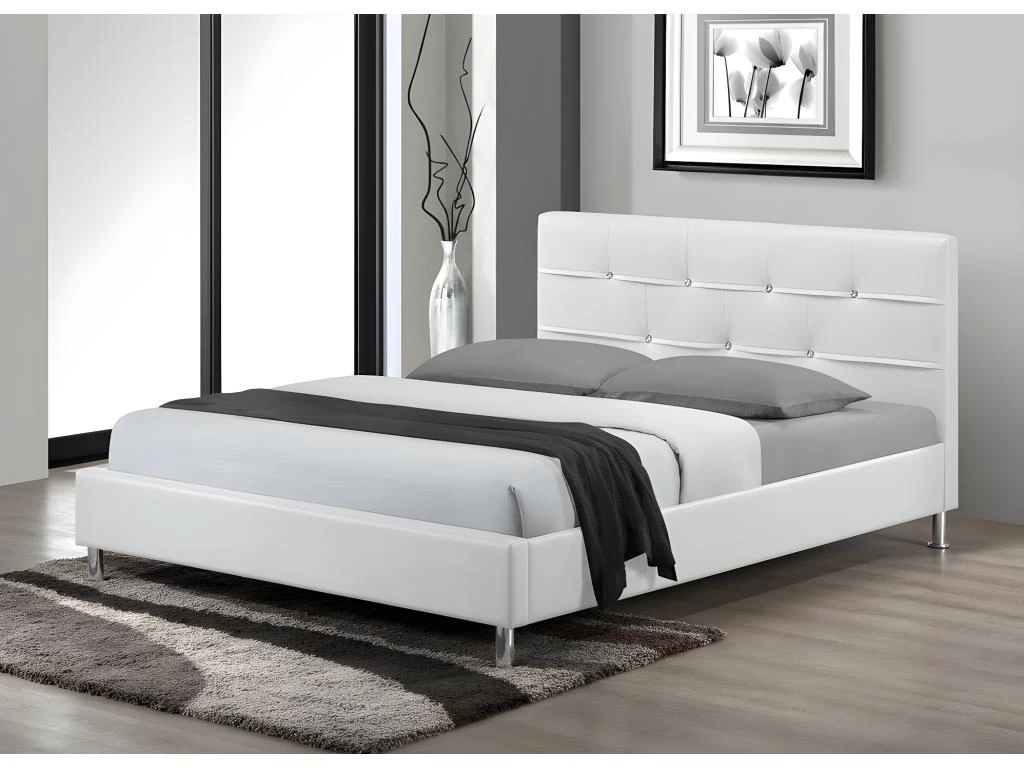 Lit 140 X 190 Cm - Boutons Effet Diamant Et Simili Blanc + Sommier + Matelas - GABIN