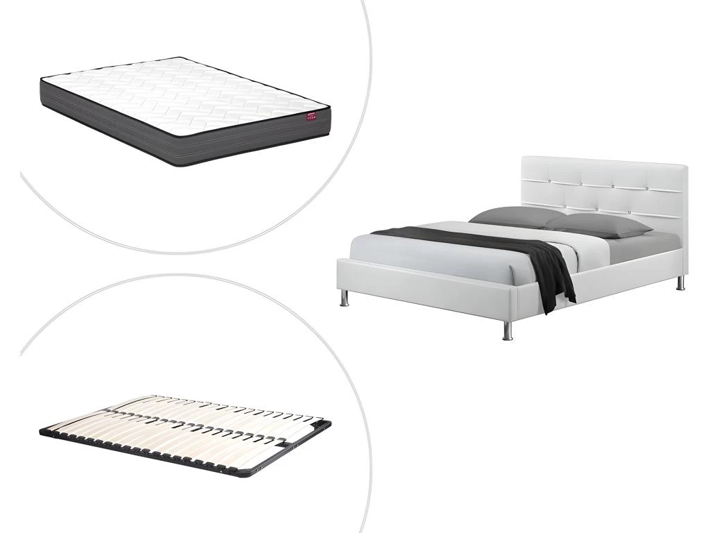 Lit 140 X 190 Cm - Boutons Effet Diamant Et Simili Blanc + Sommier + Matelas - GABIN – Image 5
