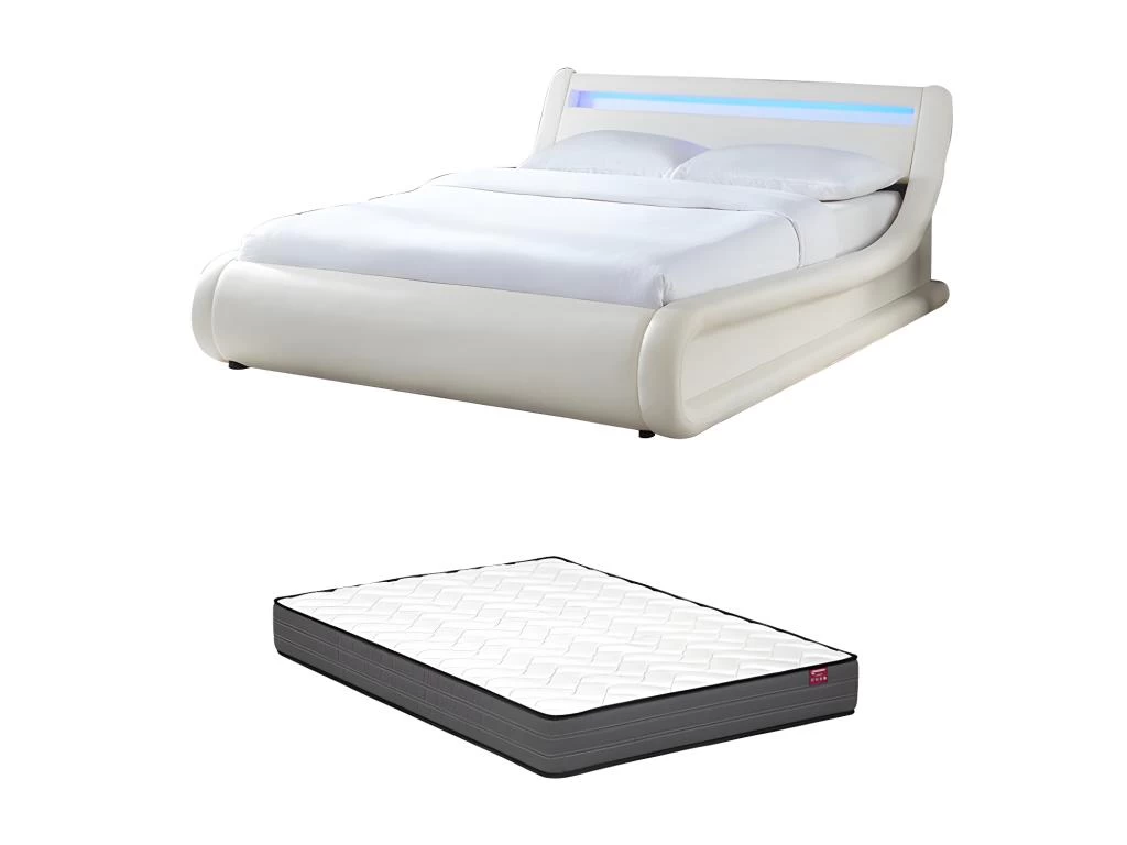 Lit Coffre 160 X 200 Cm - Avec LEDs - Simili - Blanc + Matelas - IRIS II – Image 14
