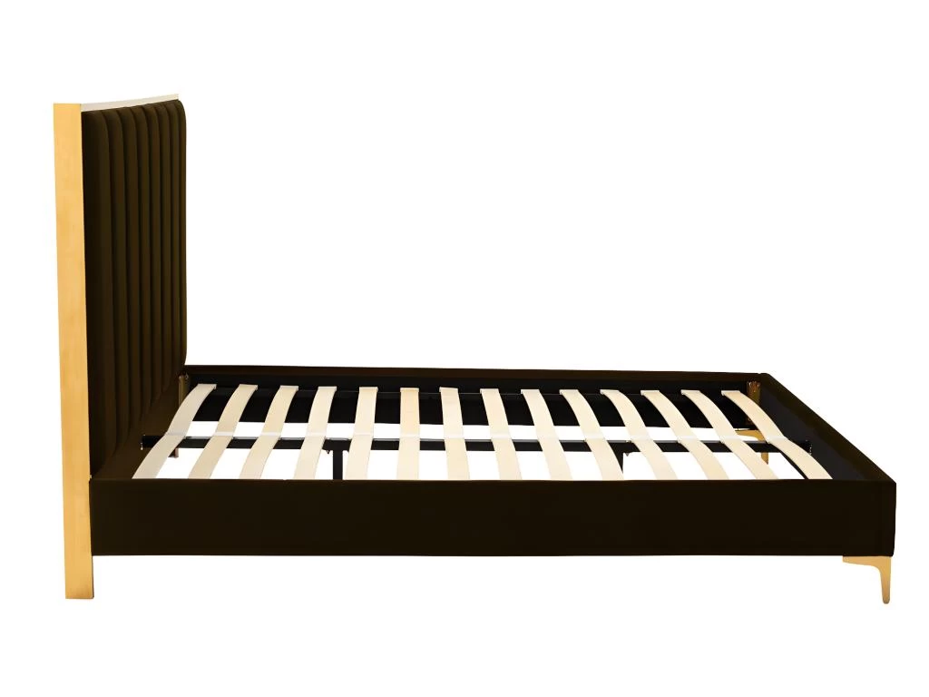 Lit 160 X 200 Cm Avec Tête De Lit Coutures Verticales - Velours - Marron Et Doré + Matelas - CLARISSE – Image 7