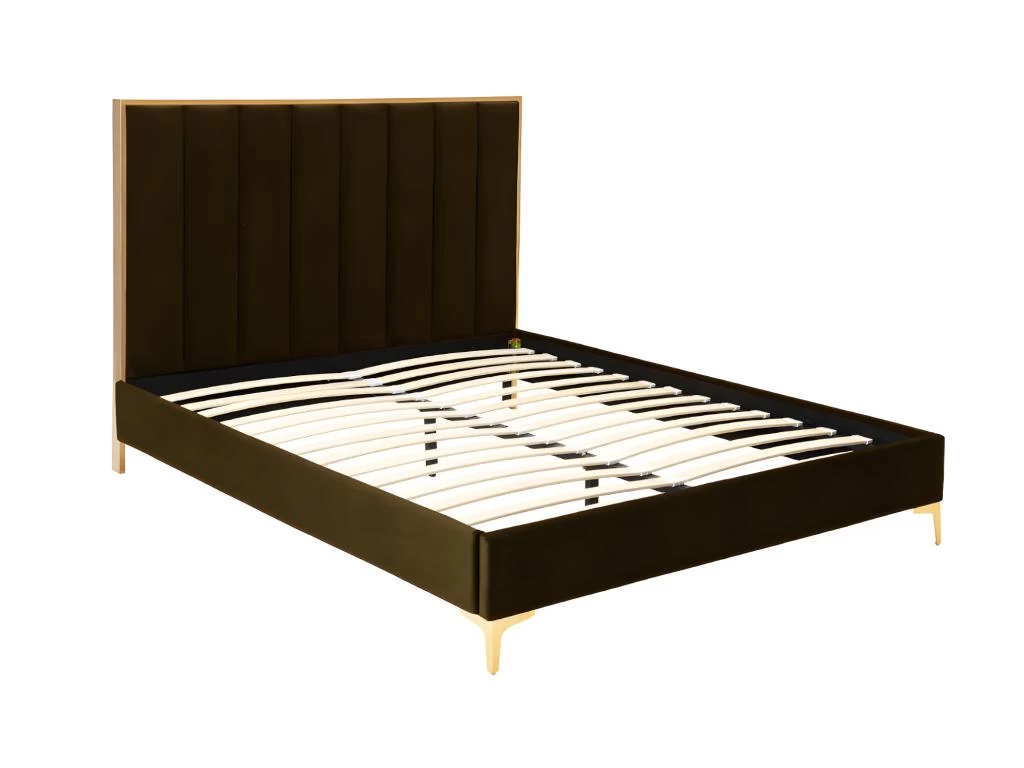 Lit 160 X 200 Cm Avec Tête De Lit Coutures Verticales - Velours - Marron Et Doré + Matelas - CLARISSE – Image 6