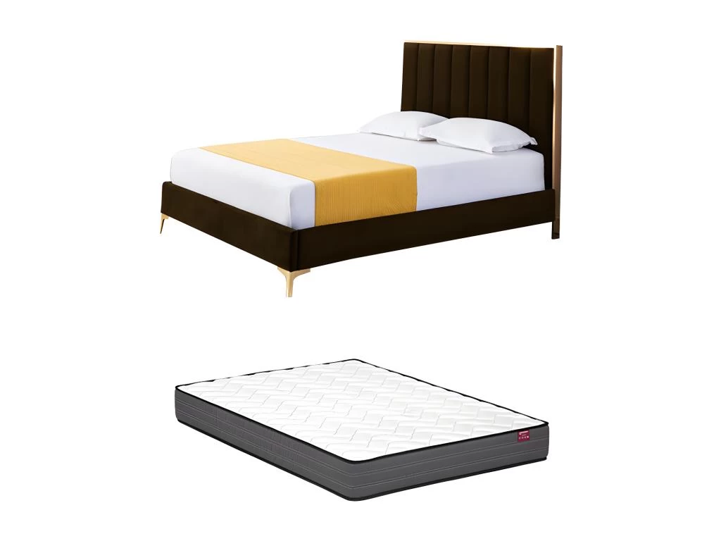 Lit 160 X 200 Cm Avec Tête De Lit Coutures Verticales - Velours - Marron Et Doré + Matelas - CLARISSE – Image 12