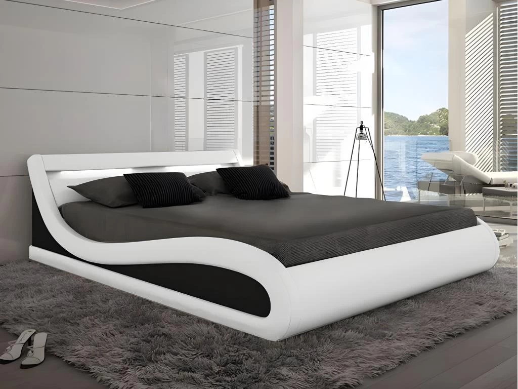 Lit 160 X 200 Cm - Avec LEDs - Simili - Blanc + Sommier + Matelas - ZALARIS