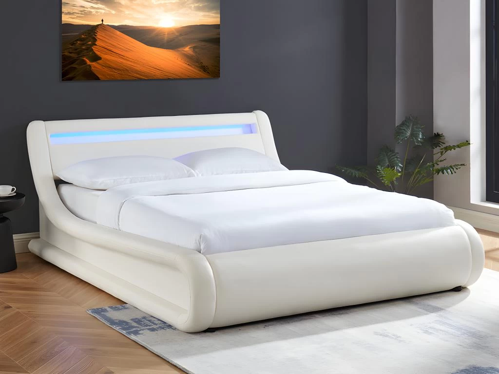 Lit Coffre 160 X 200 Cm - Avec LEDs - Simili - Blanc + Matelas - IRIS II – Image 2