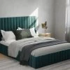 Lit Coffre 140 X 190 Cm Avec Tête De Lit Coutures Verticales - Velours - Bleu Canard + Matelas - LARALI