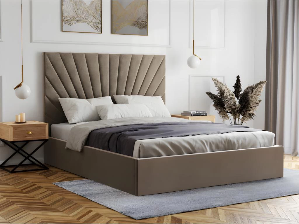Lit Coffre 140 X 190 Cm - Velours - Beige + Matelas - RILIODA
