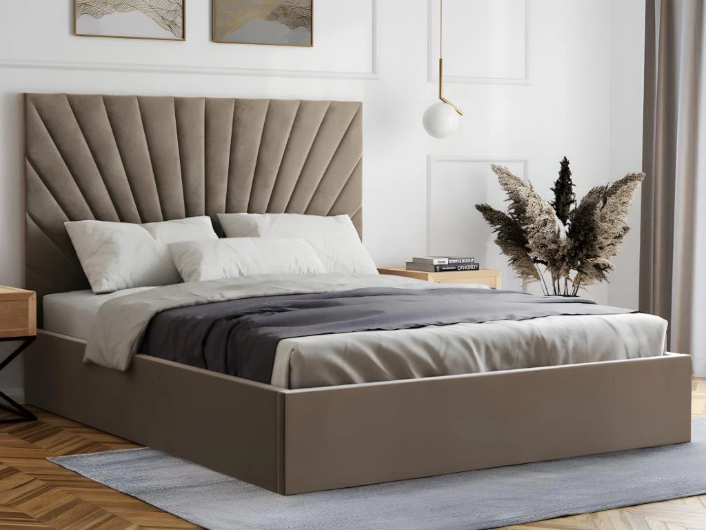 Lit Coffre 140 X 190 Cm - Velours - Beige + Matelas - RILIODA – Image 2