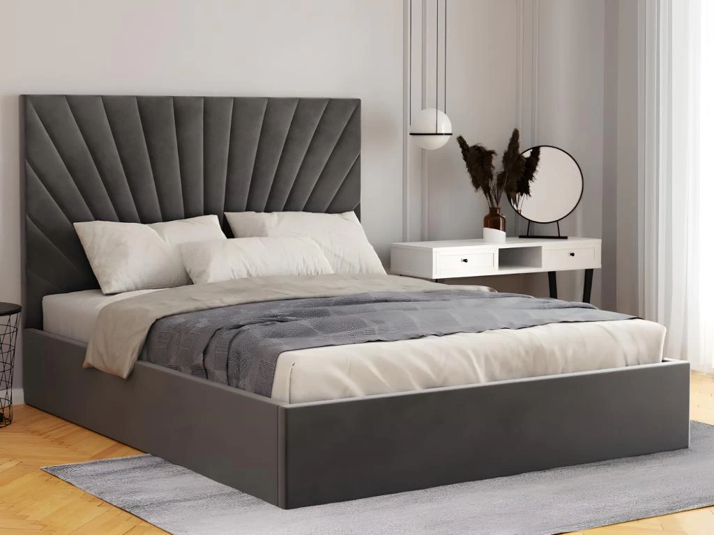Lit Coffre 140 X 190 Cm - Velours - Gris + Matelas - RILIODA – Image 2