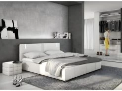 Lit 160 X 200 Cm - Simili Blanc Avec LEDs + Sommier + Matelas - SOREN II