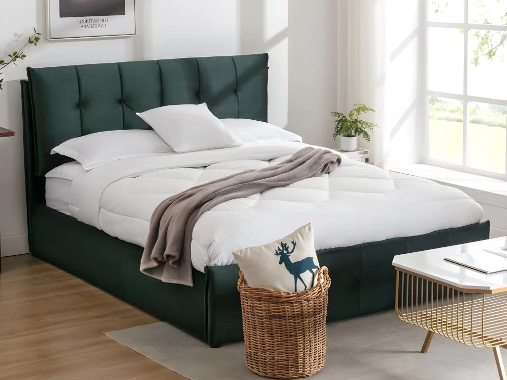 Lit Coffre 160 X 200 Cm - Velours - Vert + Matelas - OLERIA – Image 2