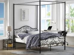 Lit à Baldaquin 140 X 190 Cm - Métal - Noir - LEYNA