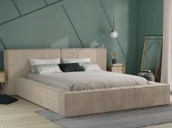 Lit Coffre 140 X 190 Cm - Velours Côtelé - Beige + Matelas - TIMANO