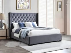 Lit Avec Tête De Lit Capitonnée - 160 X 200 Cm - Velours - Gris + Matelas - MASSIMO II