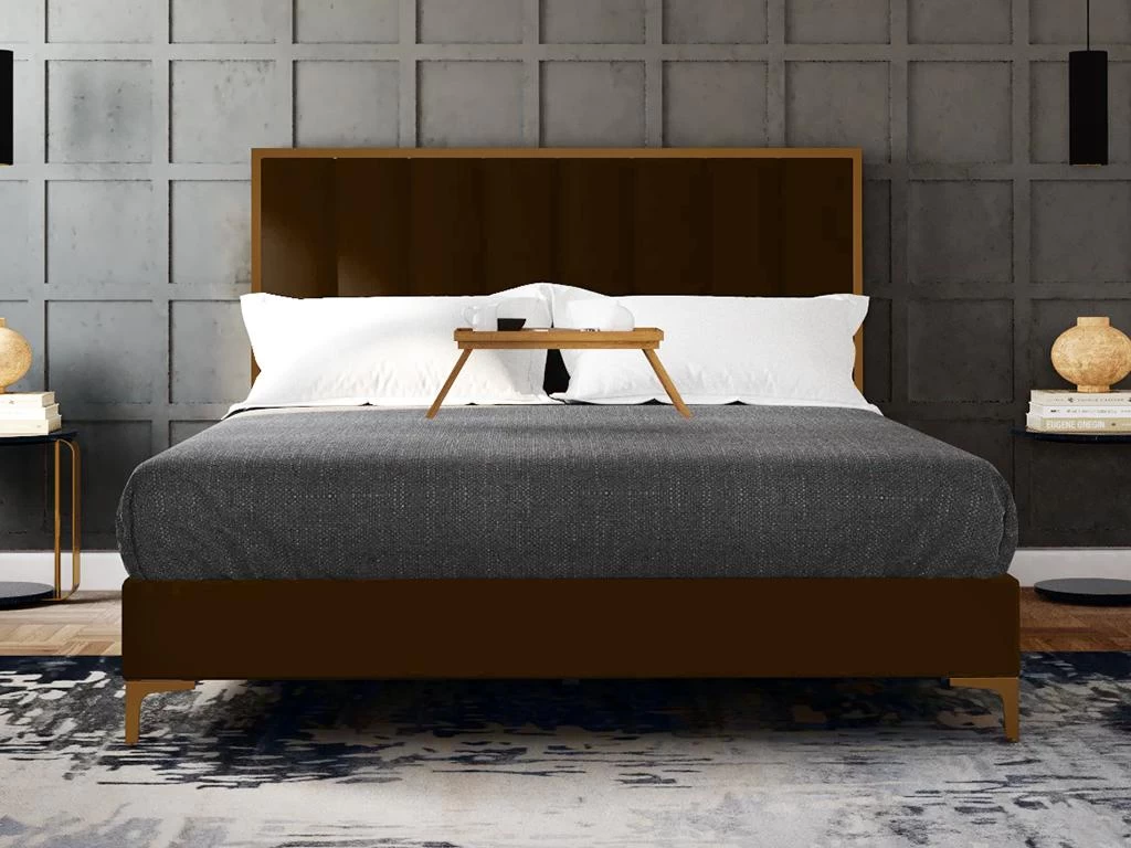 Lit 160 X 200 Cm Avec Tête De Lit Coutures Verticales - Velours - Marron Et Doré + Matelas - CLARISSE – Image 2