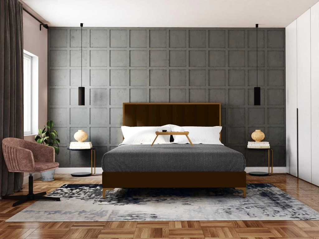 Lit CLARISSE Avec Tête De Lit Coutures Verticales - 160 X 200 Cm - Velours - Marron Et Doré