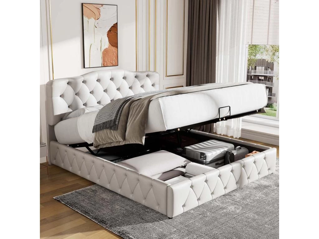 Lit Coffre Avec Sommier à Lattes + Tête De Lit Réglable - 140x200cm - Similicuir - Blanc