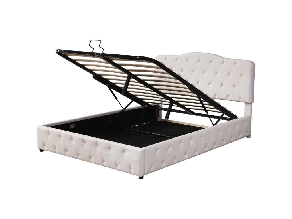 Lit Coffre Avec Sommier à Lattes + Tête De Lit Réglable - 140x200cm - Similicuir - Blanc – Image 3