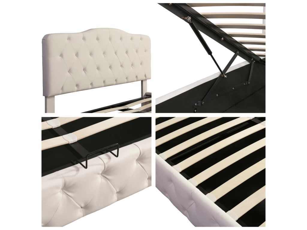 Lit Coffre Avec Sommier à Lattes + Tête De Lit Réglable - 140x200cm - Similicuir - Blanc – Image 4