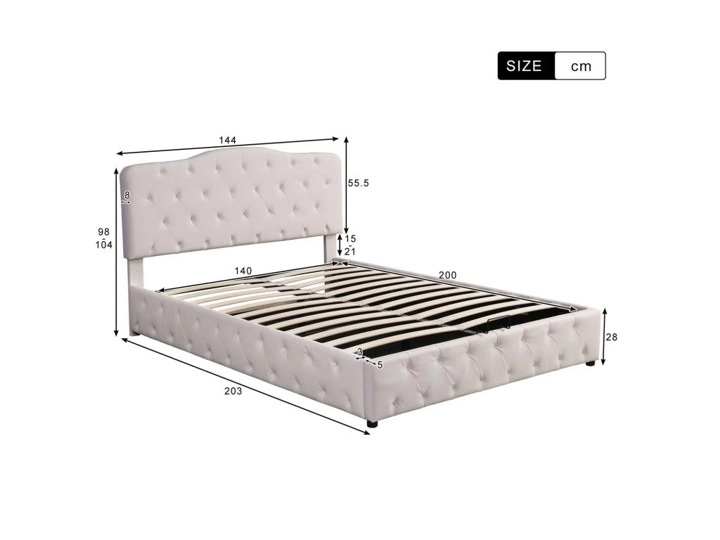 Lit Coffre Avec Sommier à Lattes + Tête De Lit Réglable - 140x200cm - Similicuir - Blanc – Image 5