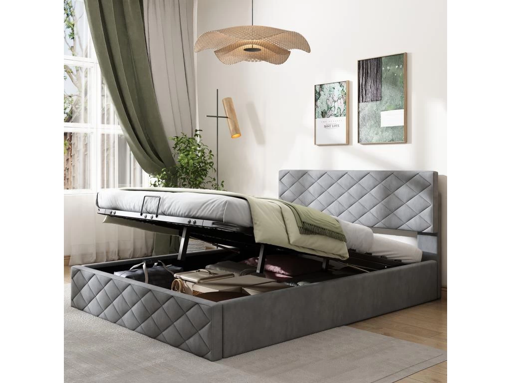 Lit Coffre Avec Sommier Ă Lattes - Lit Adulte - 140x200cm - Velours - Gris