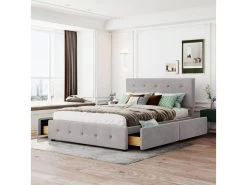 Lit Adulte Rembourré Avec 4 Tiroirs + Sommier à Lattes - 140x200cm - Gris