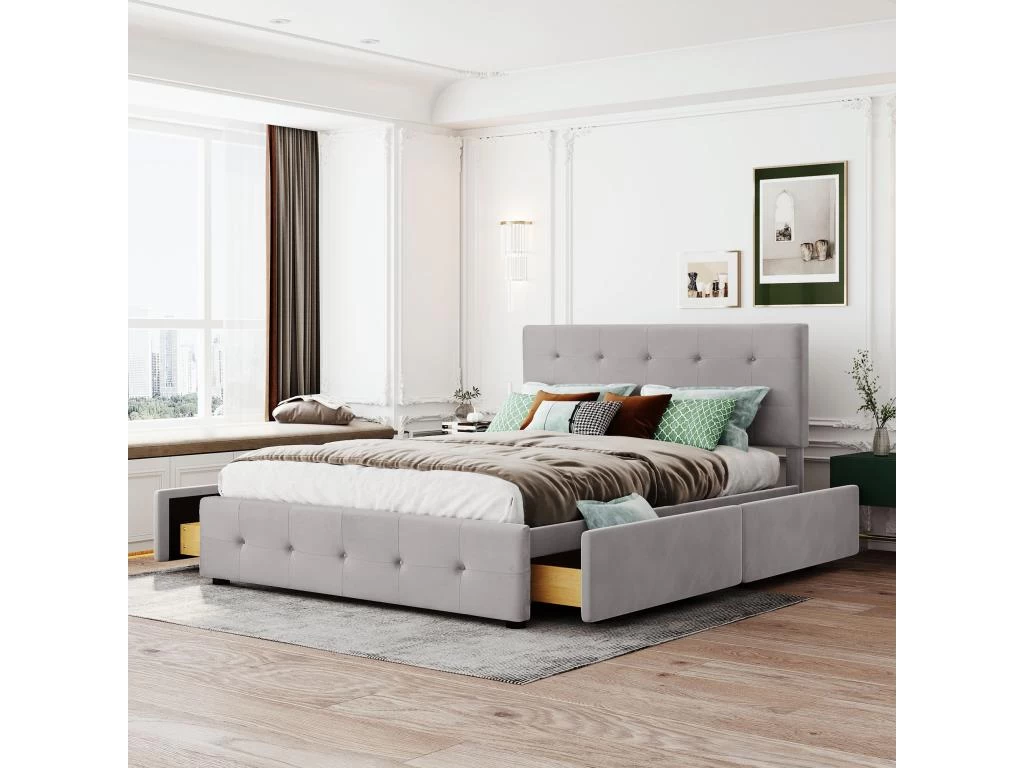 Lit Adulte Rembourré Avec 4 Tiroirs + Sommier à Lattes - 140x200cm - Gris