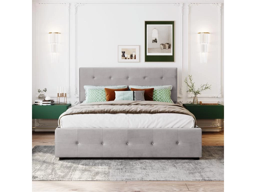 Lit Adulte Rembourré Avec 4 Tiroirs + Sommier à Lattes - 140x200cm - Gris – Image 2