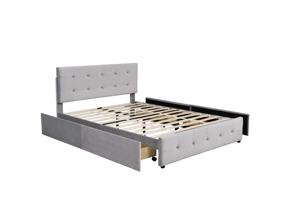 Lit Adulte Rembourré Avec 4 Tiroirs + Sommier à Lattes - 140x200cm - Gris – Image 3