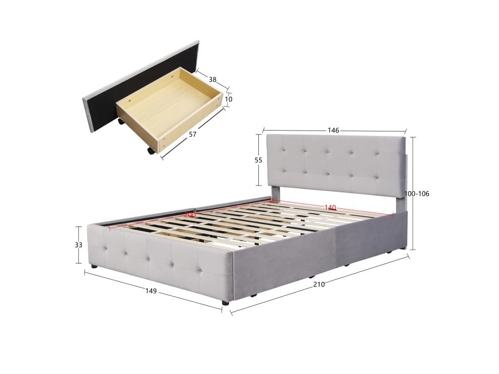 Lit Adulte Rembourré Avec 4 Tiroirs + Sommier à Lattes - 140x200cm - Gris – Image 5