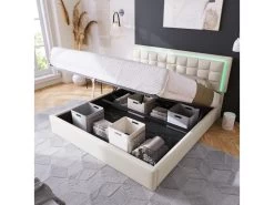 Lit Coffre Avec Sommier à Lattes Et LED- 140x200 Cm - Similicuir - Cadre En Acier - Blanc