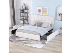 Lit Cappitonné Avec 4 Tiroirs + Tête De Lit Réglable - 140x200cm - Velours - Beige