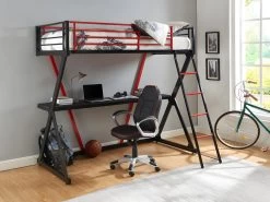 Lit Mezzanine 90 X 190 Cm - Avec Bureau - Métal - Noir Et Rouge + Matelas - SUPIA